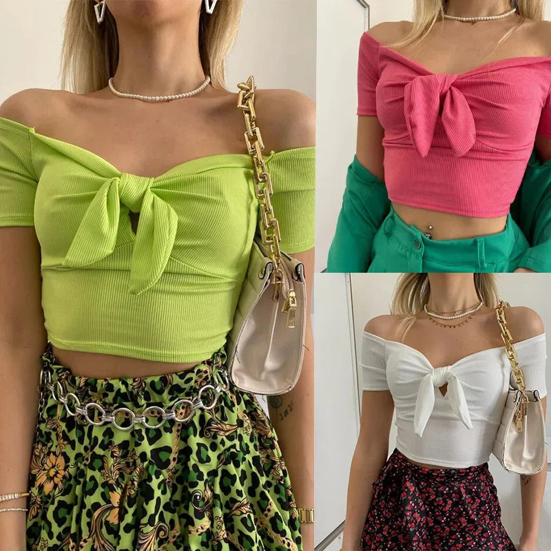Sexy Off Shoulder Twist Bow Bare Midriff Short