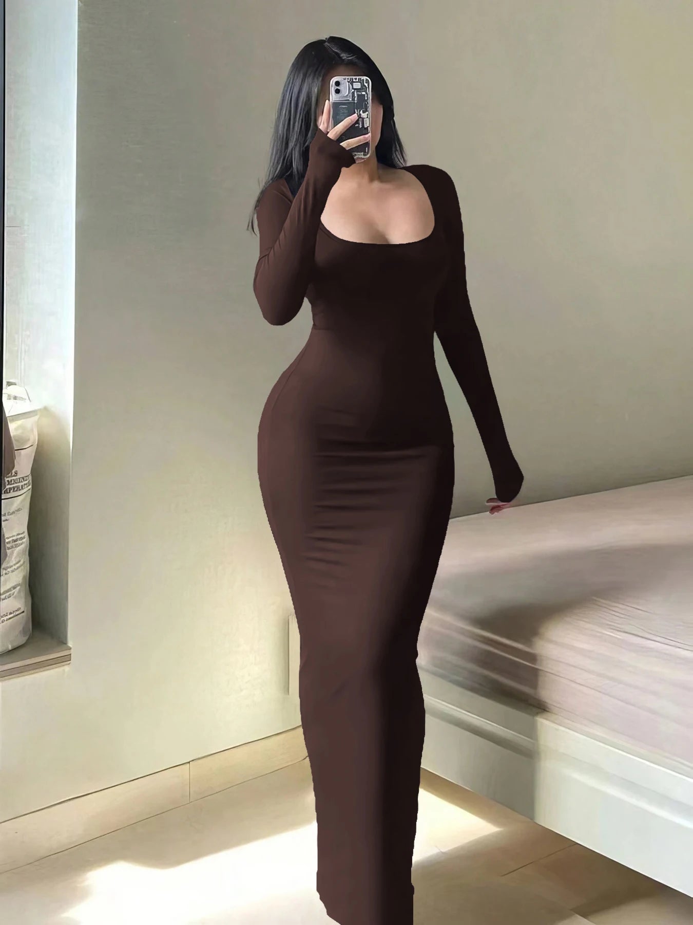 Women's Solid Long Sleeve Bodycon Dress, Chic Basic Minimalist