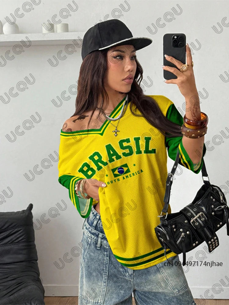 Summer New Brazil Print T Shirt For Women V-Neck Patchwork
