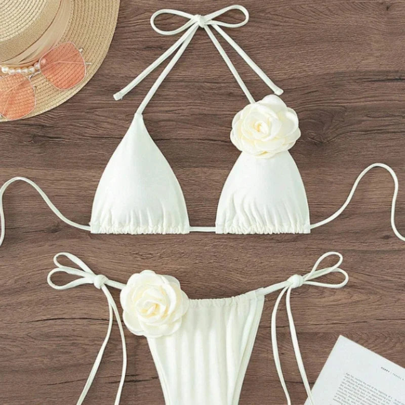 2026 S-L Sexy 3D Flowers Halter Strappy bikini