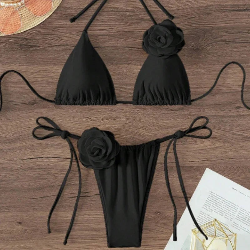 2026 S-L Sexy 3D Flowers Halter Strappy bikini