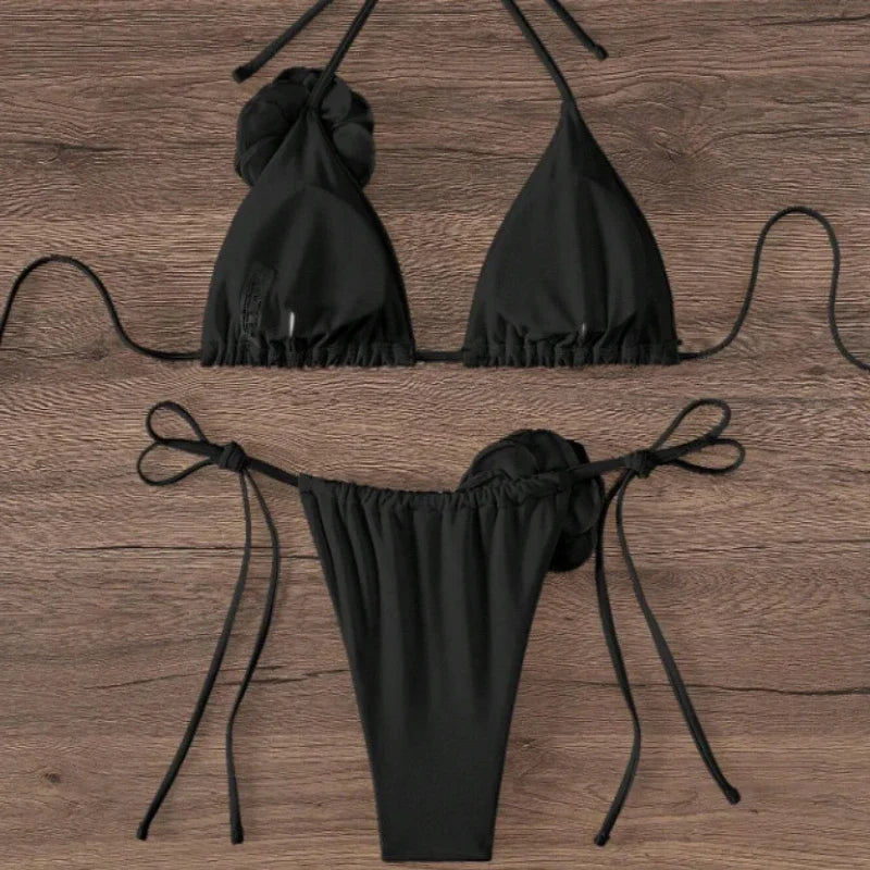 2026 S-L Sexy 3D Flowers Halter Strappy bikini