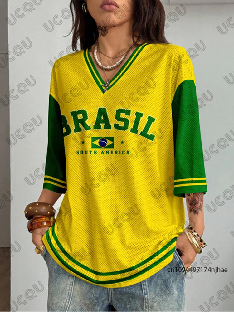 Summer New Brazil Print T Shirt For Women V-Neck Patchwork