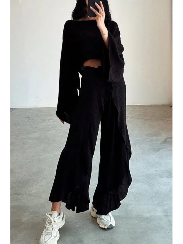 Lady Solid Loose Sets Outfits Fashion Long Sleeve O Neck Short Tops+High Waist Pants 2 Pieces