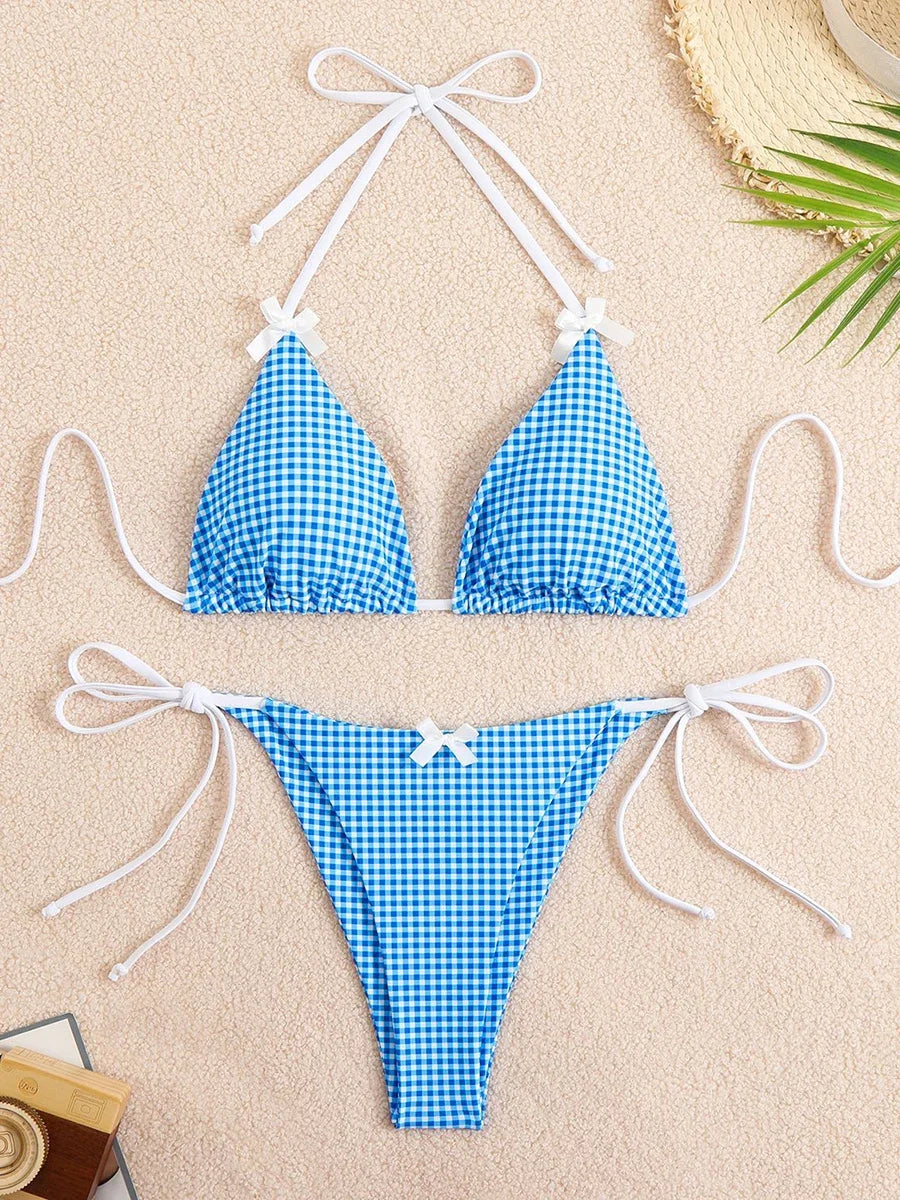 Sexy Bikini Women's Swimsuit Butterfly Decor Checked Swimwear
