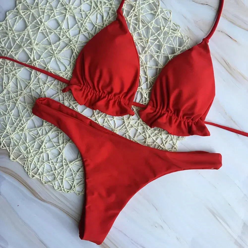 Summer Brazilian Bikini Set Women Sexy Swimsuit Bandage Top Thong Bottom 2 Pieces Set Swimwear Lace Up Beachwear
