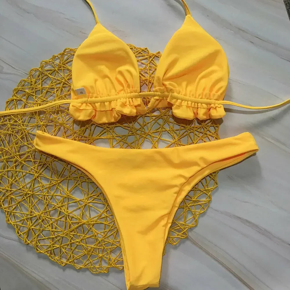 Summer Brazilian Bikini Set Women Sexy Swimsuit Bandage Top Thong Bottom 2 Pieces Set Swimwear Lace Up Beachwear