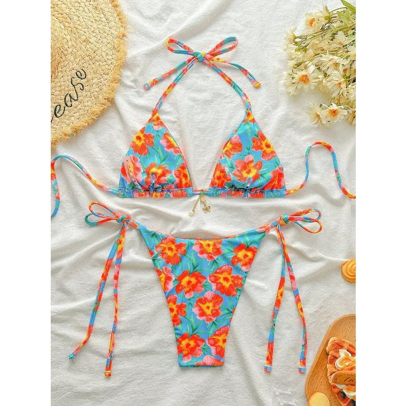 Floral Print Tie Side Bikini Set Women