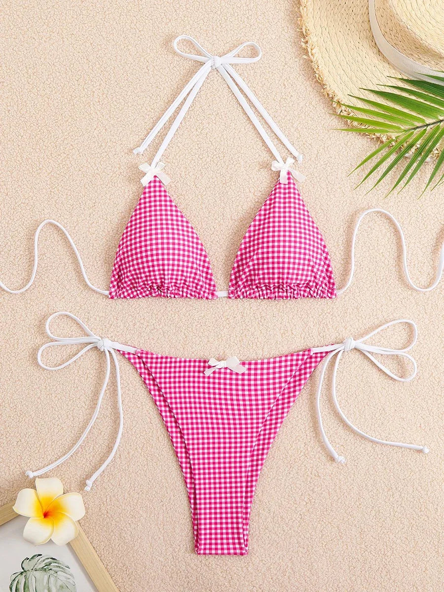 Sexy Bikini Women's Swimsuit Butterfly Decor Checked Swimwear