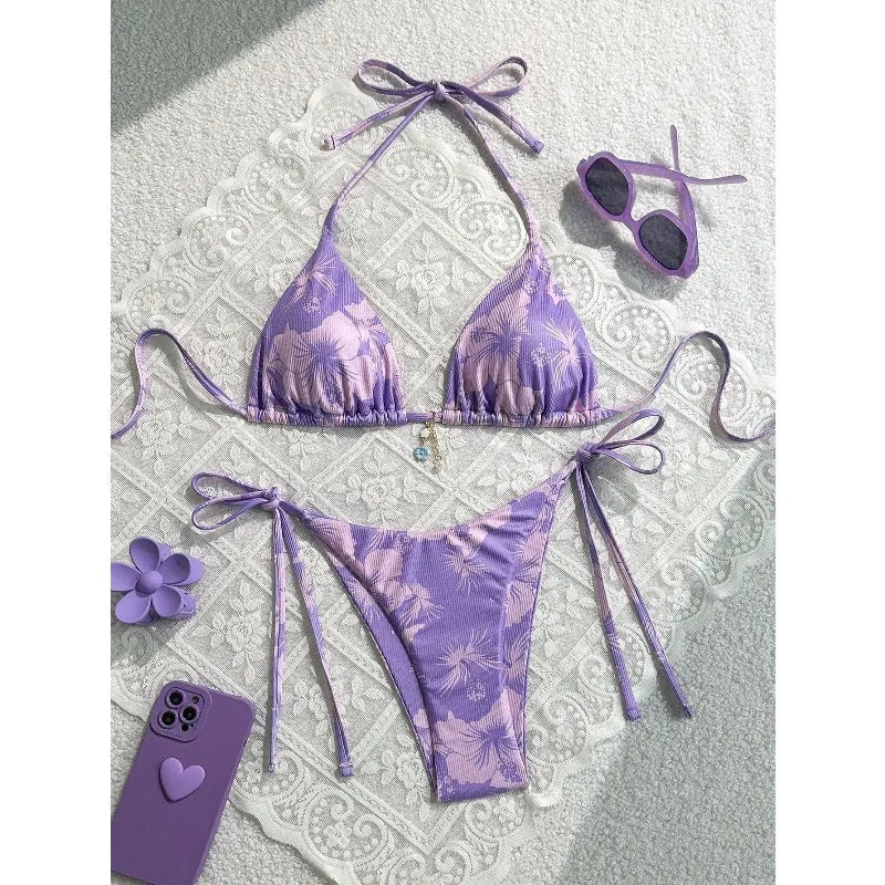 Floral Print Tie Side Bikini Set Women