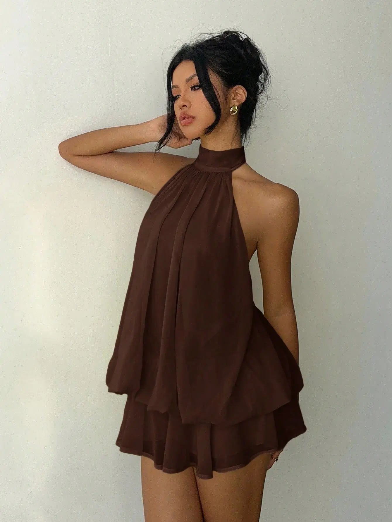 Women Solid Color Chiffon Halter Mini Dress
