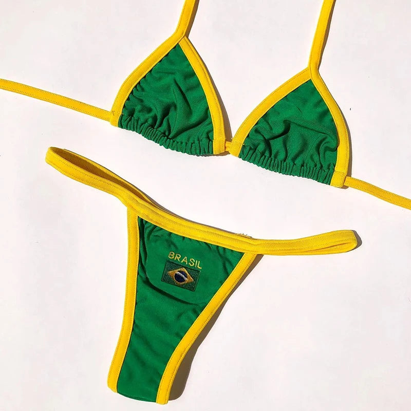 Y2K Summer New Beach Seaside New Bikini Unique Hottie Casual Suits Creative Letters Flag Pattern Swimsuit Sexy  Female Two-piece