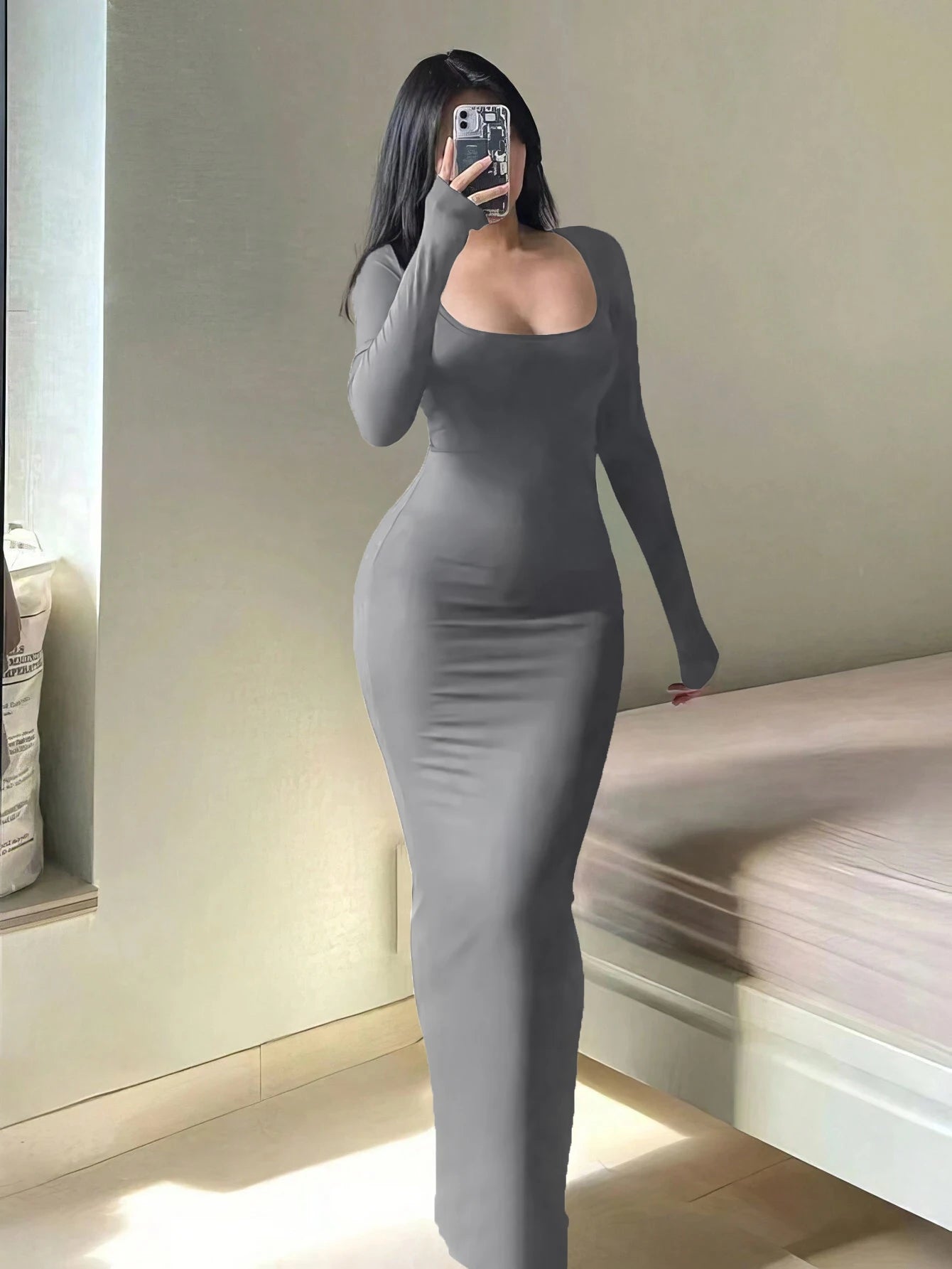 Women's Solid Long Sleeve Bodycon Dress, Chic Basic Minimalist