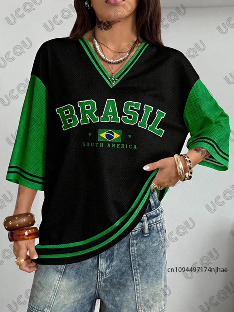 Summer New Brazil Print T Shirt For Women V-Neck Patchwork