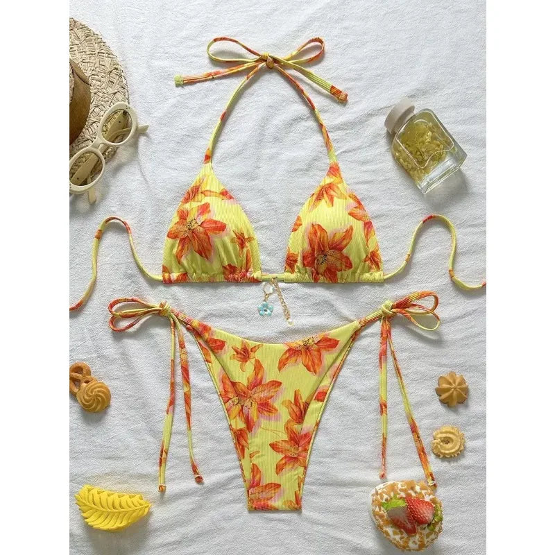 Floral Print Tie Side Bikini Set Women