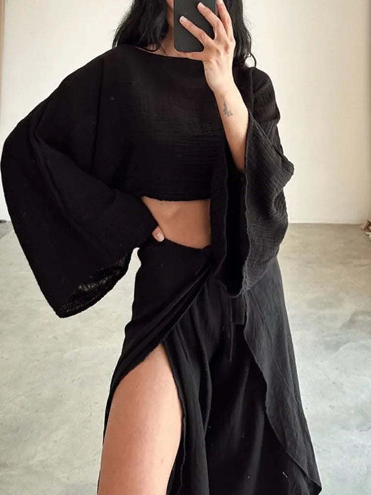 Lady Solid Loose Sets Outfits Fashion Long Sleeve O Neck Short Tops+High Waist Pants 2 Pieces