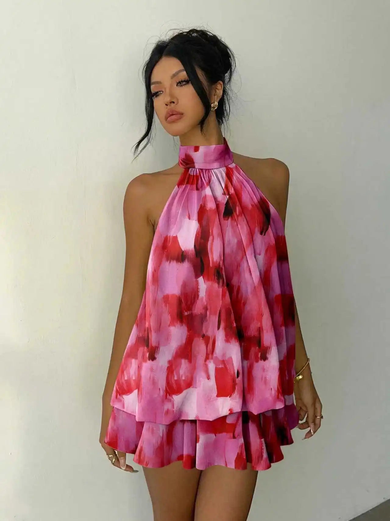 Women Solid Color Chiffon Halter Mini Dress