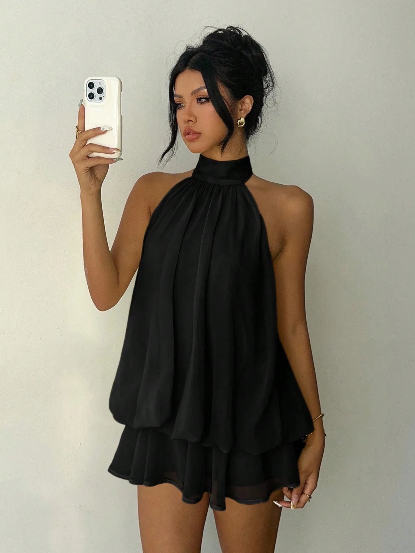Women Solid Color Chiffon Halter Mini Dress