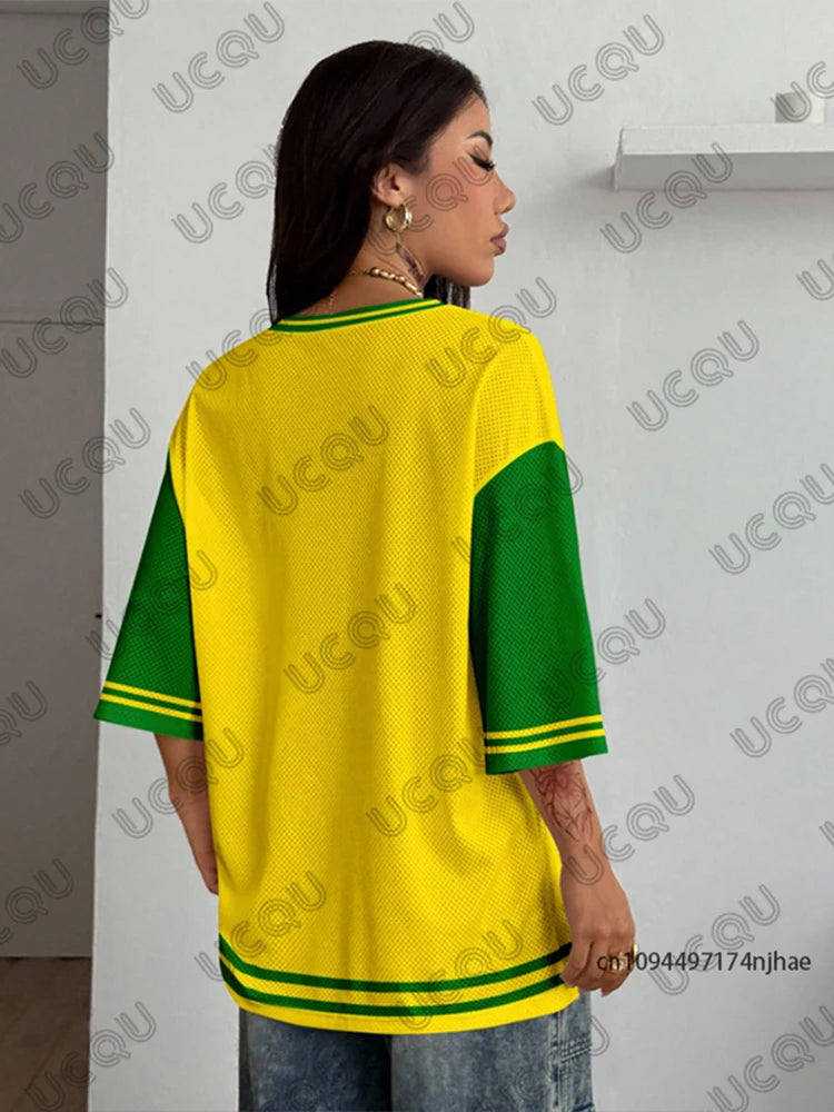 Summer New Brazil Print T Shirt For Women V-Neck Patchwork