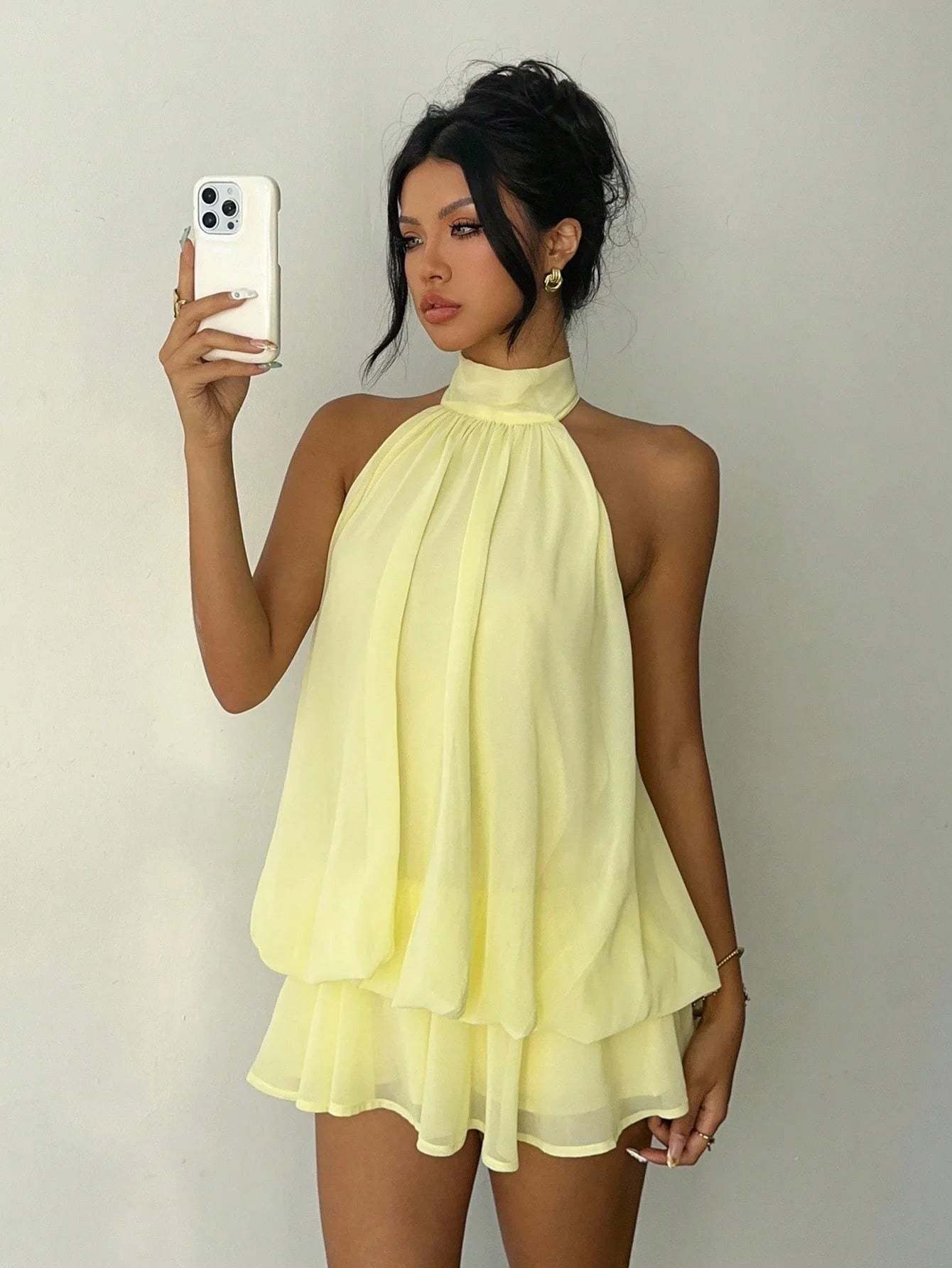 Women Solid Color Chiffon Halter Mini Dress