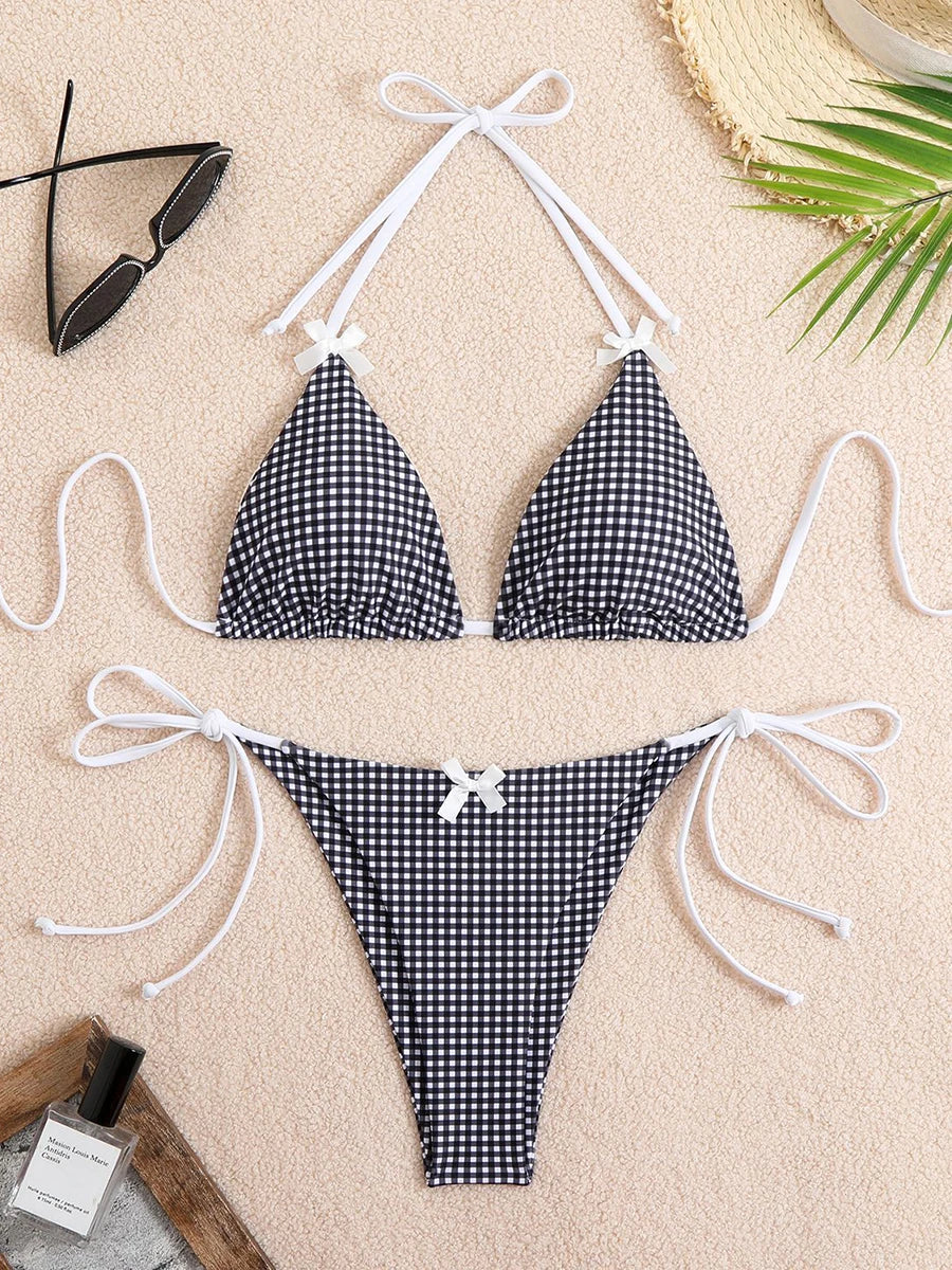 Sexy Bikini Women's Swimsuit Butterfly Decor Checked Swimwear