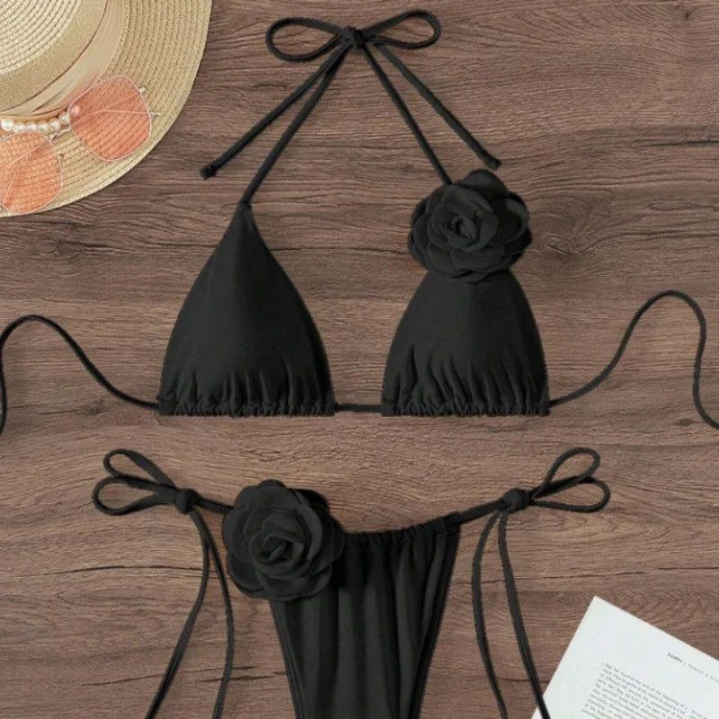 2026 S-L Sexy 3D Flowers Halter Strappy bikini