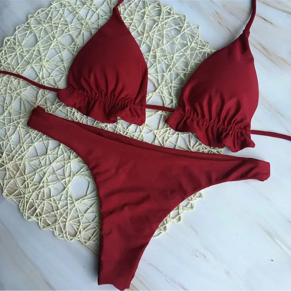 Summer Brazilian Bikini Set Women Sexy Swimsuit Bandage Top Thong Bottom 2 Pieces Set Swimwear Lace Up Beachwear