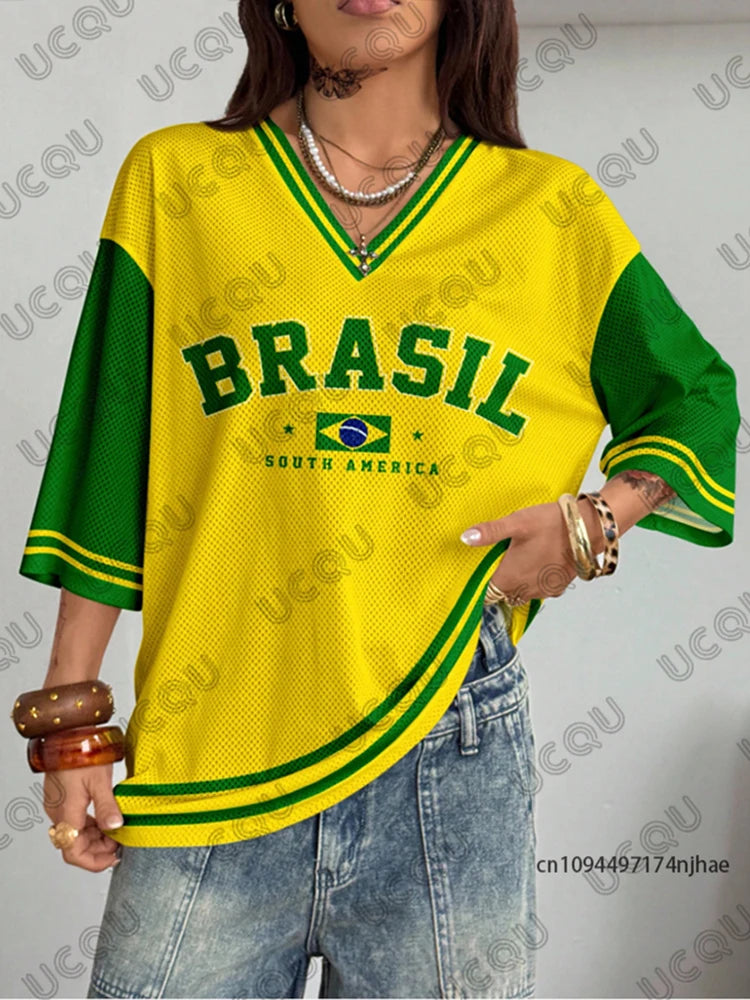 Summer New Brazil Print T Shirt For Women V-Neck Patchwork