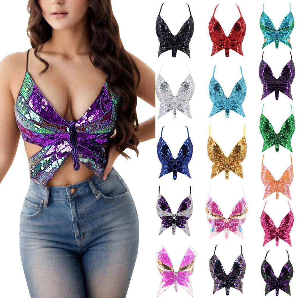 Butterfly Sequin Crop Top Women
