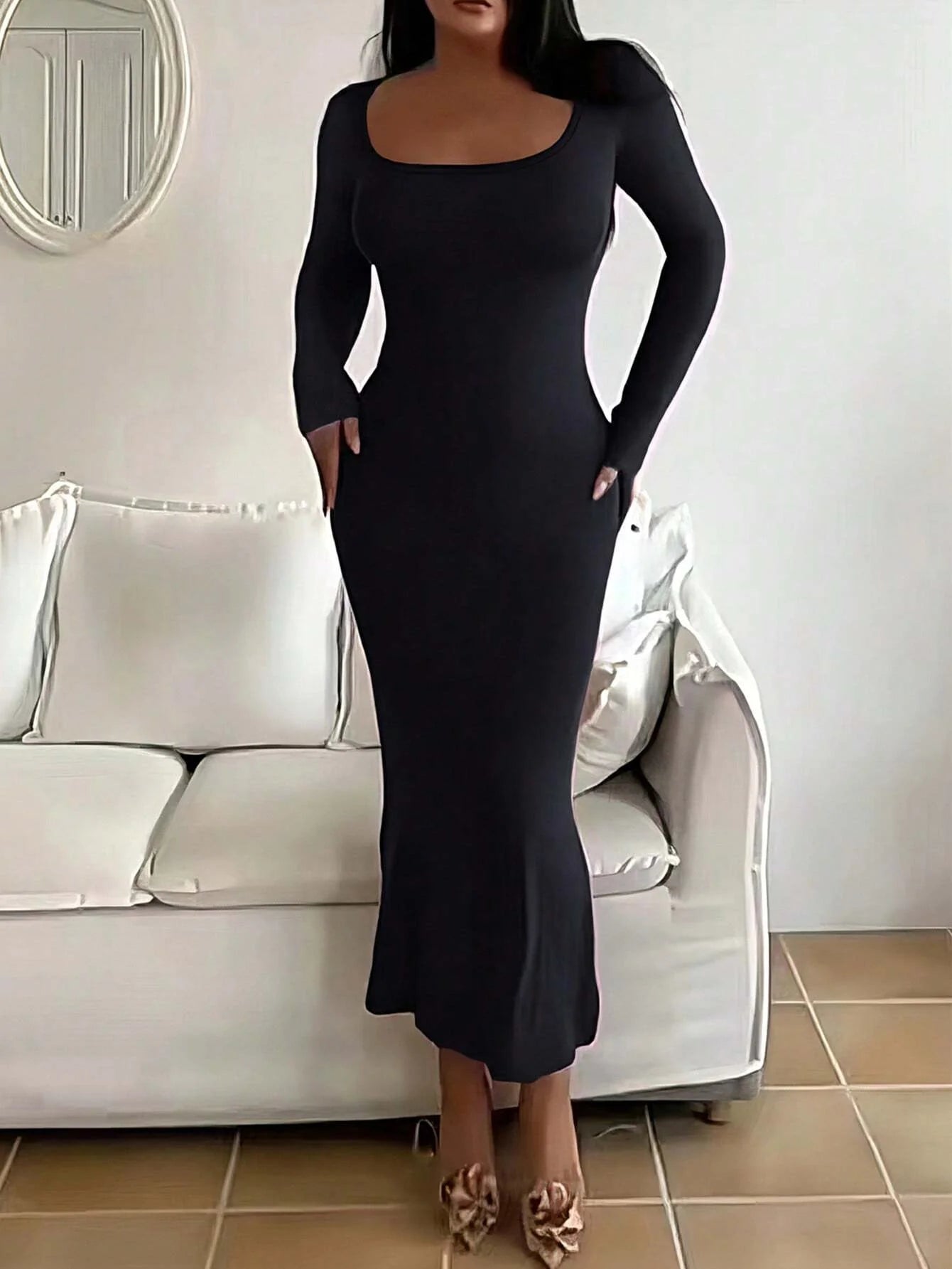Women's Solid Long Sleeve Bodycon Dress, Chic Basic Minimalist
