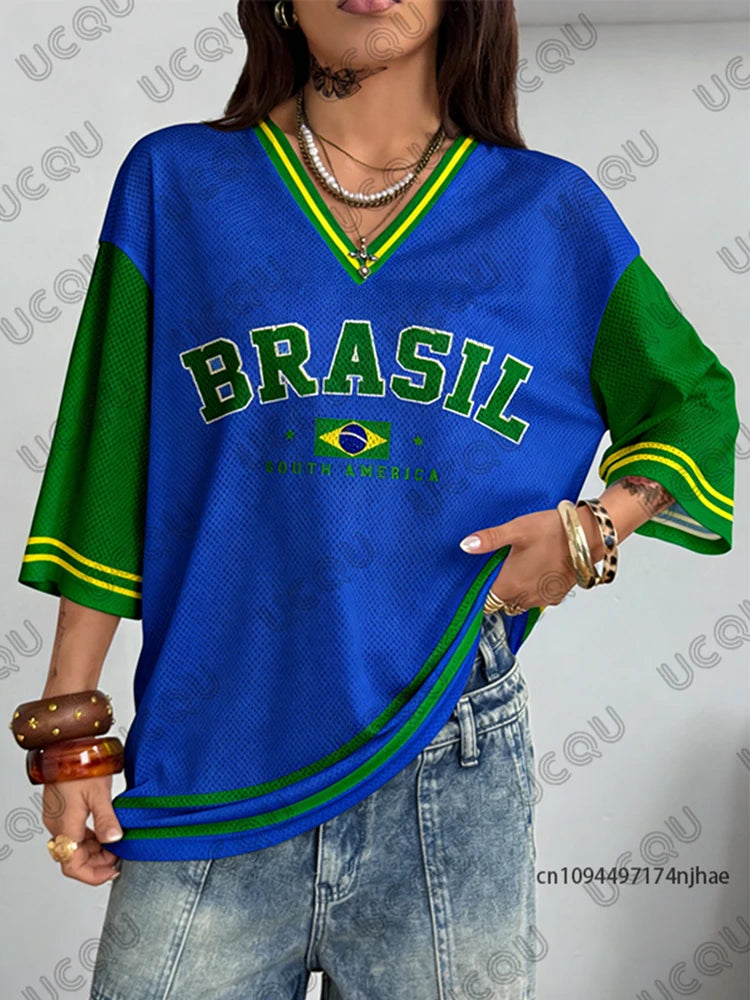 Summer New Brazil Print T Shirt For Women V-Neck Patchwork