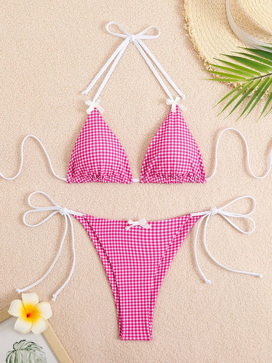 Sexy Bikini Women's Swimsuit Butterfly Decor Checked Swimwear
