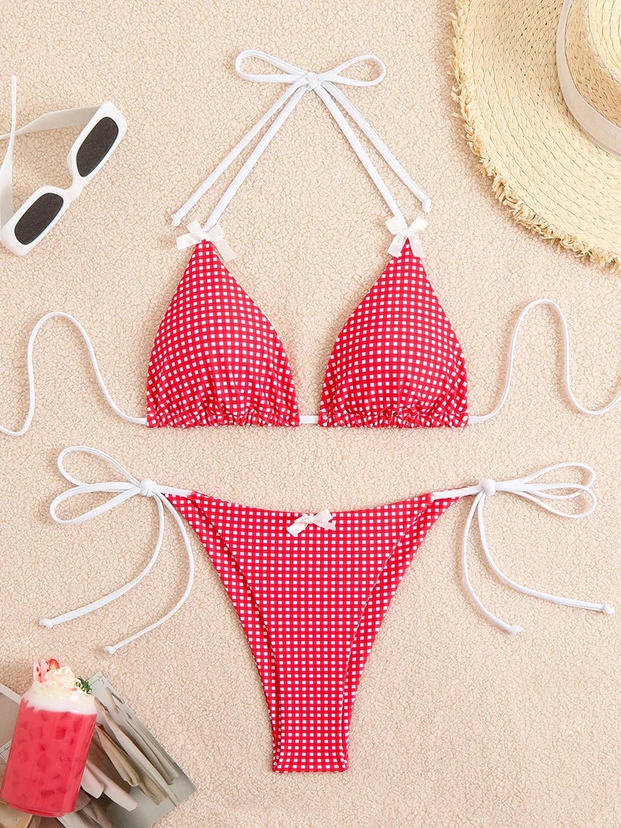 Sexy Bikini Women's Swimsuit Butterfly Decor Checked Swimwear