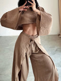 Lady Solid Loose Sets Outfits Fashion Long Sleeve O Neck Short Tops+High Waist Pants 2 Pieces