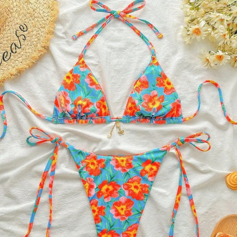 Floral Print Tie Side Bikini Set Women