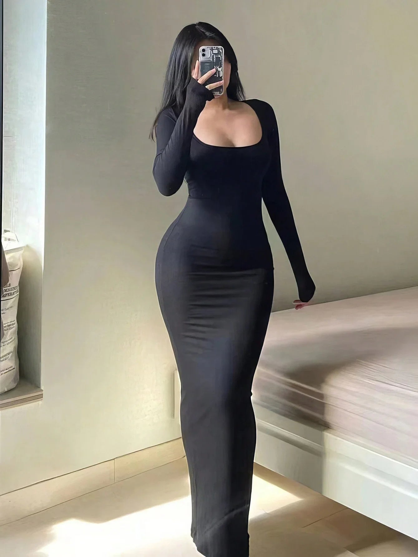 Women's Solid Long Sleeve Bodycon Dress, Chic Basic Minimalist