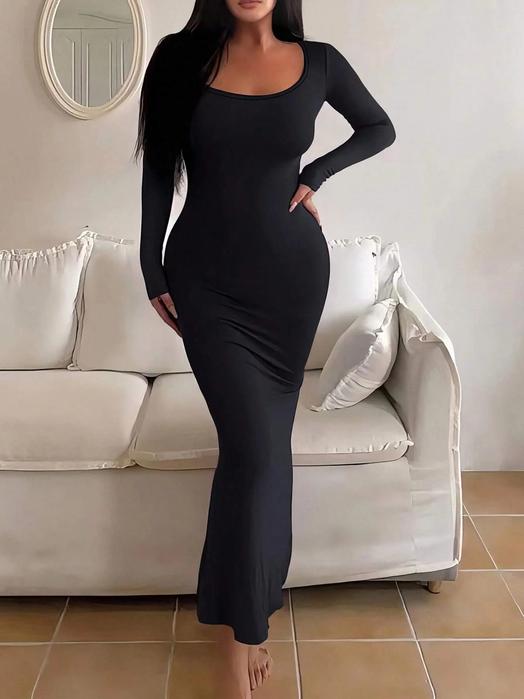 Women's Solid Long Sleeve Bodycon Dress, Chic Basic Minimalist