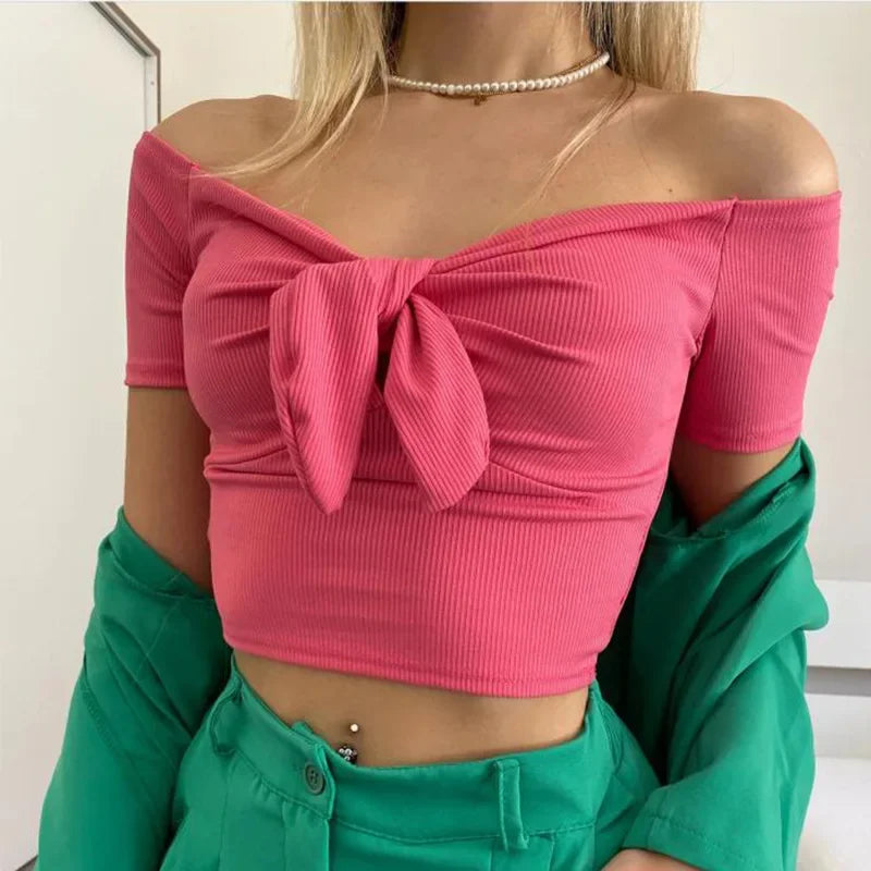 Sexy Off Shoulder Twist Bow Bare Midriff Short