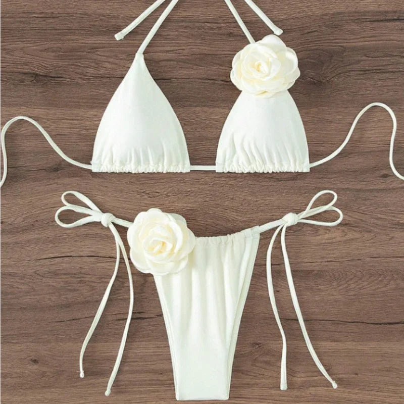2026 S-L Sexy 3D Flowers Halter Strappy bikini