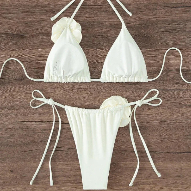 2026 S-L Sexy 3D Flowers Halter Strappy bikini