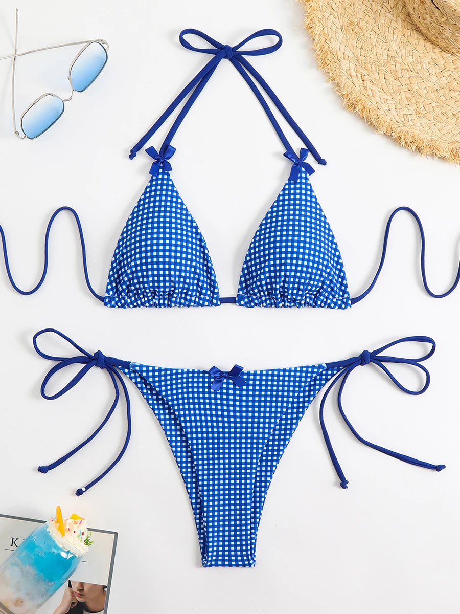 Sexy Bikini Women's Swimsuit Butterfly Decor Checked Swimwear