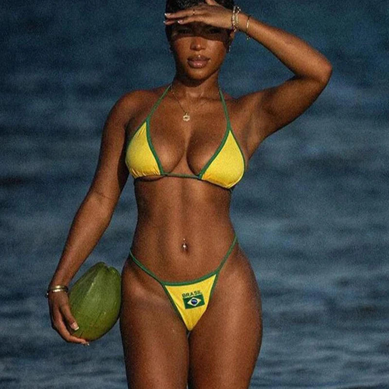 Y2K Summer New Beach Seaside New Bikini Unique Hottie Casual Suits Creative Letters Flag Pattern Swimsuit Sexy  Female Two-piece