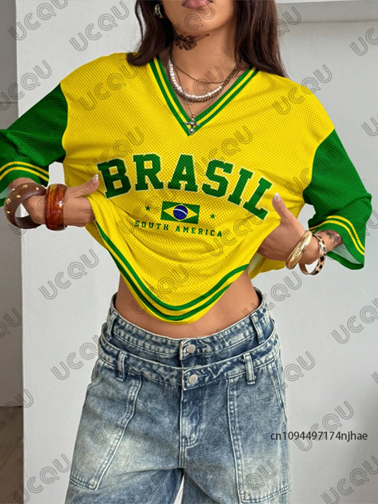 Summer New Brazil Print T Shirt For Women V-Neck Patchwork